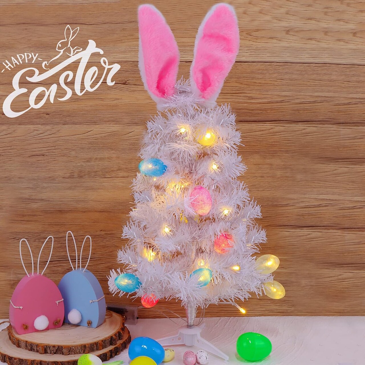 Easter Table Decorations, 23 Inch Lighted Easter Bunny White Tree, Pre-lit Artificial Tabletop Tree with Bunny Ears and Eggs, Battery Operated Light Up for Indoor Spring Home Bedroom Decor